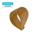 A swatch of 7.0 - Medium Blonde (Demipermanent) hair color is displayed against a green background.