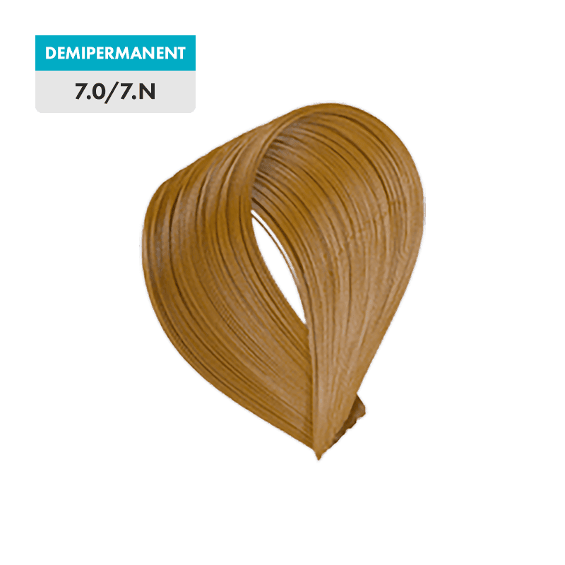 A swatch of 7.0 - Medium Blonde (Demipermanent) hair color is displayed against a green background.
