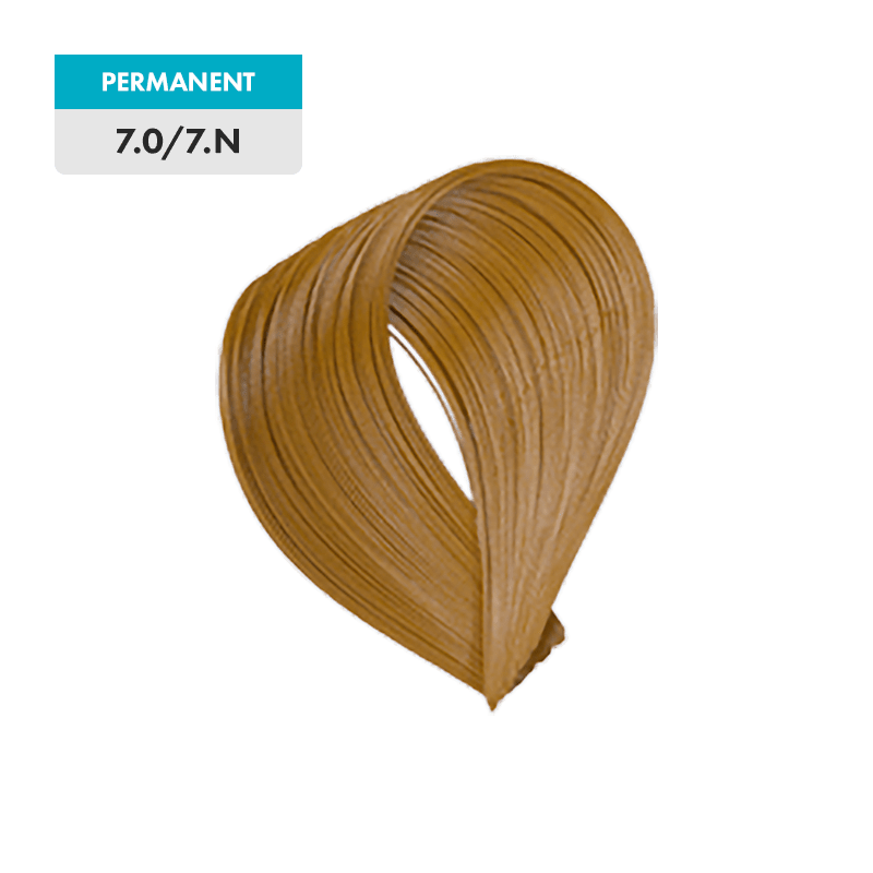 A swatch of 7.0 / 7.N - Medium Natural Blonde permanent hair color is displayed against a green background.