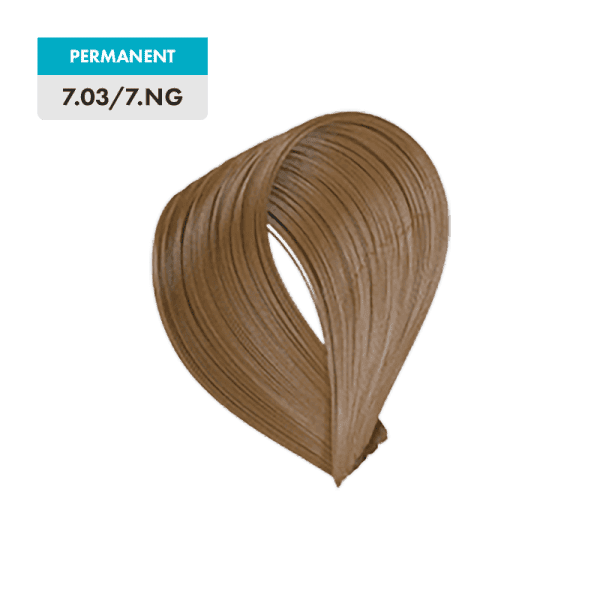 A swatch of 7.03 / 7.NG - Light Natural Golden Brown permanent hair dye shown on a transparent background.