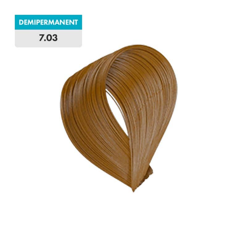 A Medium Golden Blonde (demipermanent) hair color swatch labeled "7.03" appears light brown on a green background.