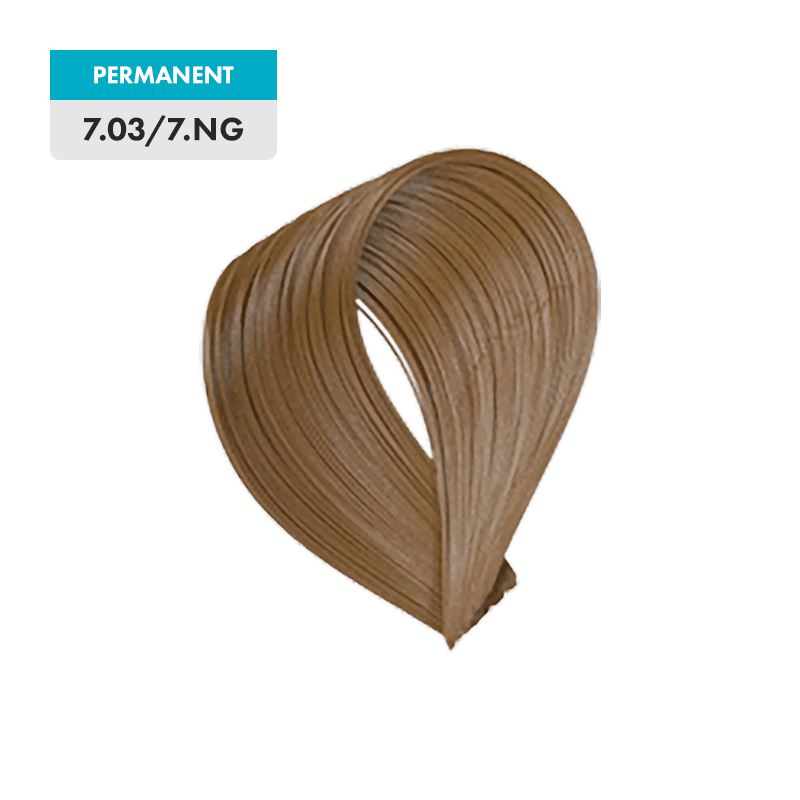 A swatch of 7.03 / 7.NG - Light Natural Golden Brown permanent hair dye shown on a transparent background.