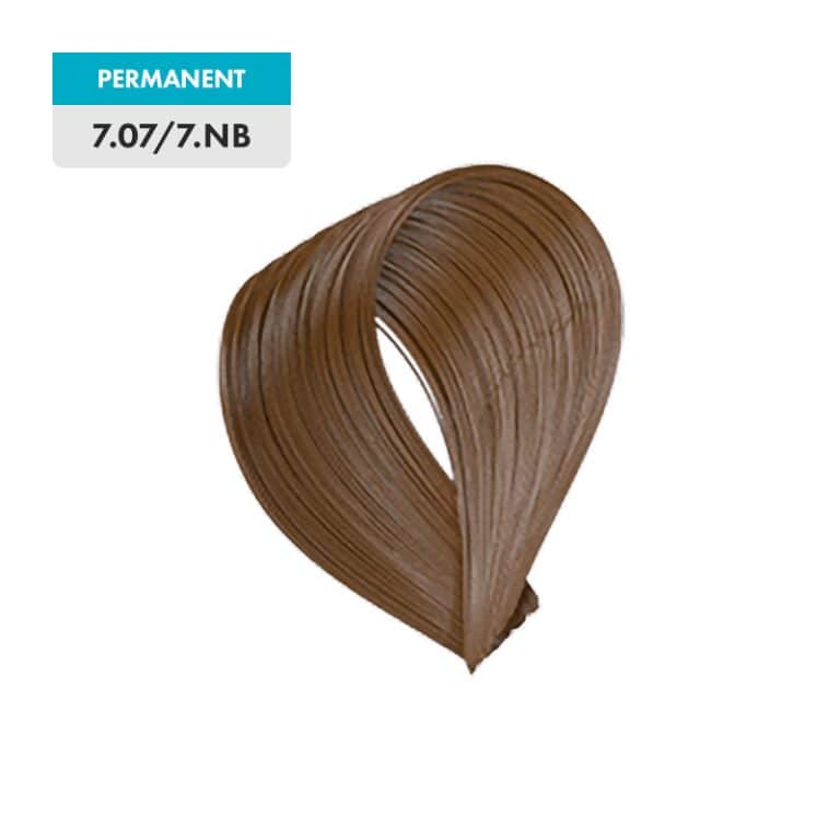 A sample swatch of 7.07 / 7.NB - Medium Natural Blonde / Natural Brown permanent hair dye is displayed on a plain background.