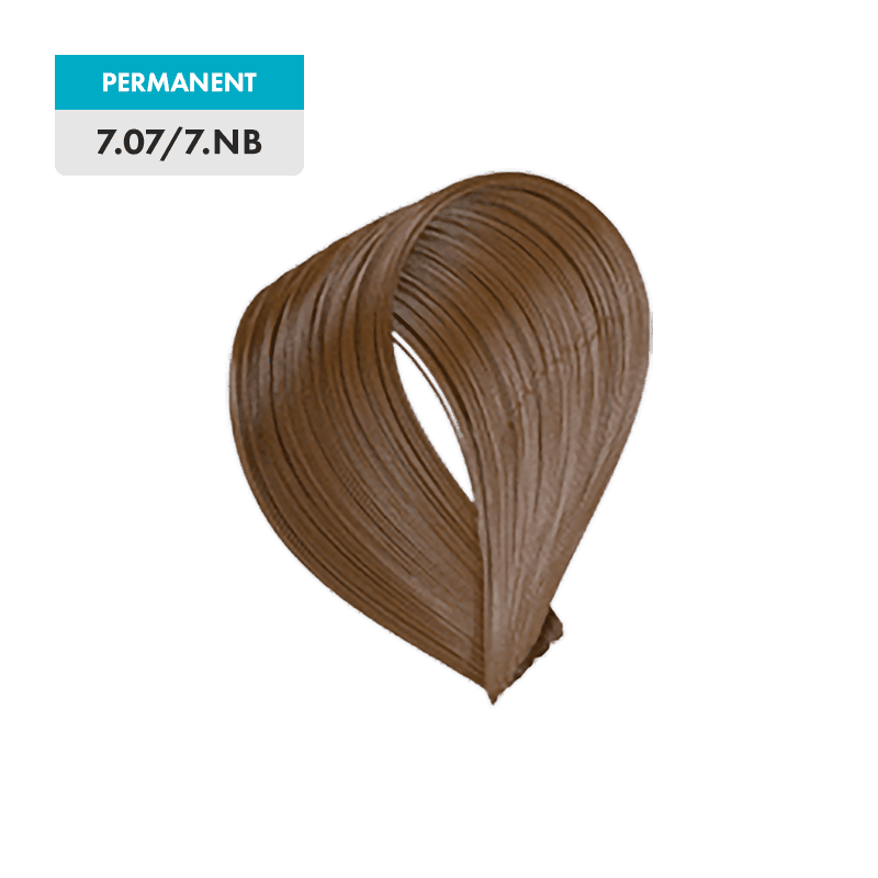 A sample swatch of 7.07 / 7.NB - Medium Natural Blonde / Natural Brown permanent hair dye is displayed on a plain background.