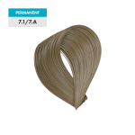 A swatch of 7.1 / 7.A - Medium Blonde Ash permanent hair color is displayed on a green background.