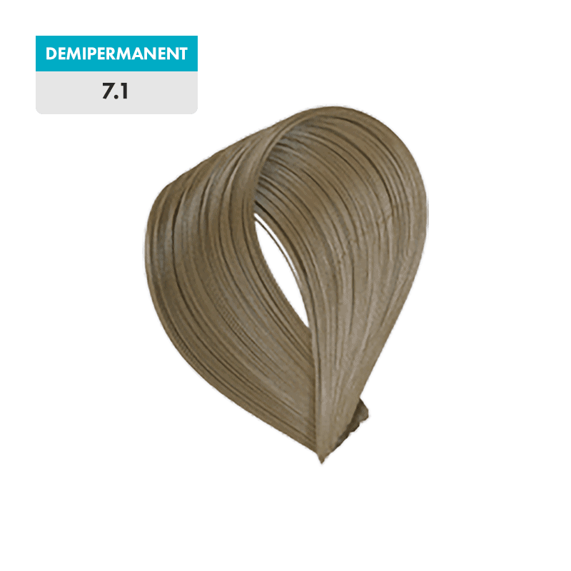 A sample swatch of 7.1 - Medium Blonde Ash (Demipermanent) hair color, showcasing a medium ash blonde shade in a looped shape.