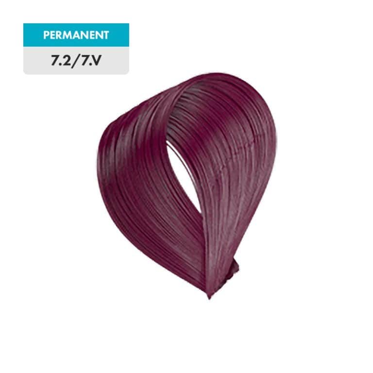 A swatch of 7.2 / 7.V - Medium Violet Blonde permanent hair dye displays a deep burgundy color against a green background.