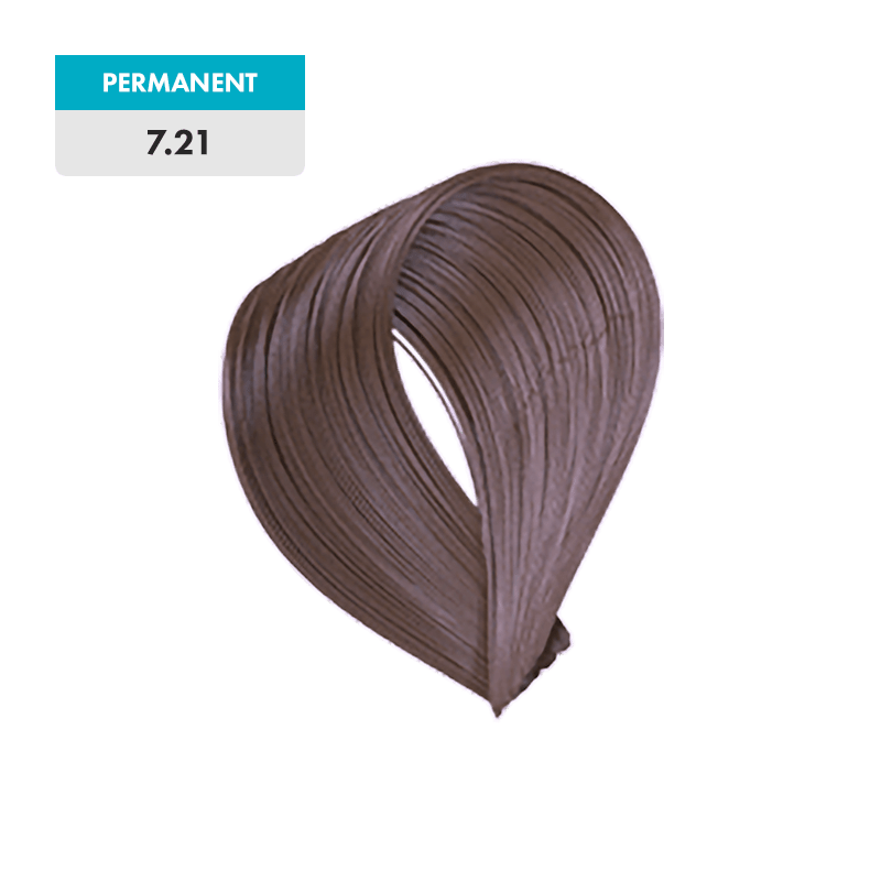 A sample of 7.21 - Violet Ash Blonde permanent hair color, shown as a brown hair swatch loop on a green background.