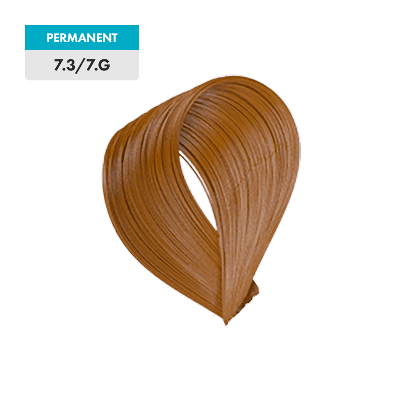 A sample of 7.3 / 7.G - Medium Golden Blonde permanent hair color is displayed as a looped strand on a plain green background.