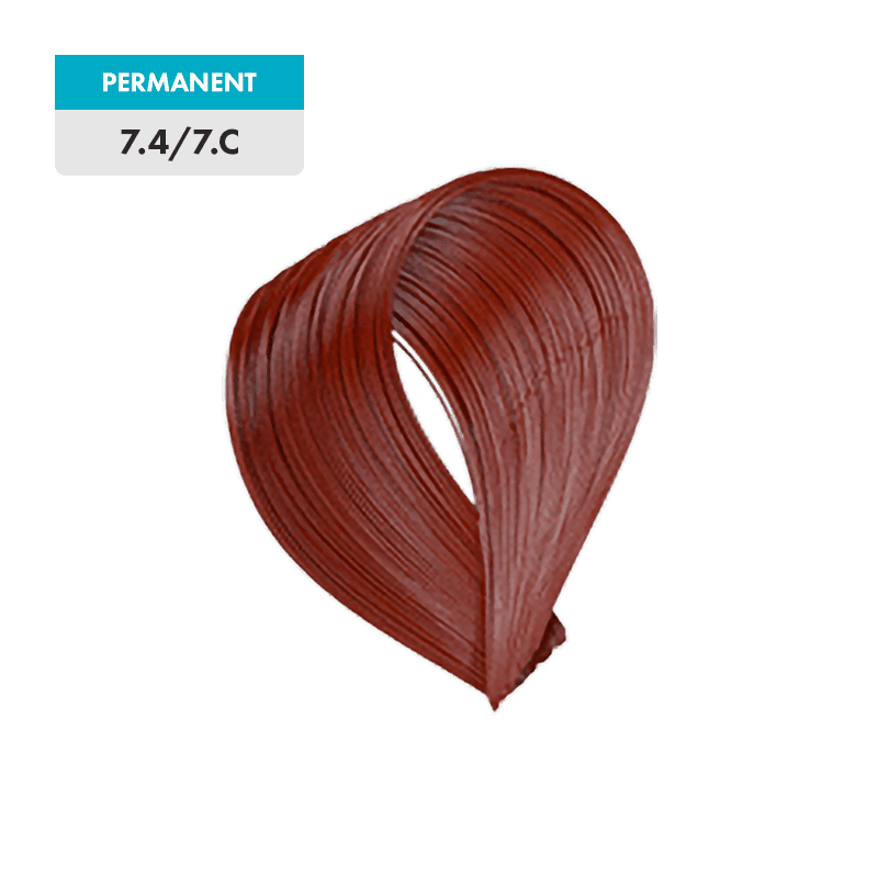 A swatch of permanent hair color in the shade 7.4 / 7.C - Medium Natural Copper Blonde.