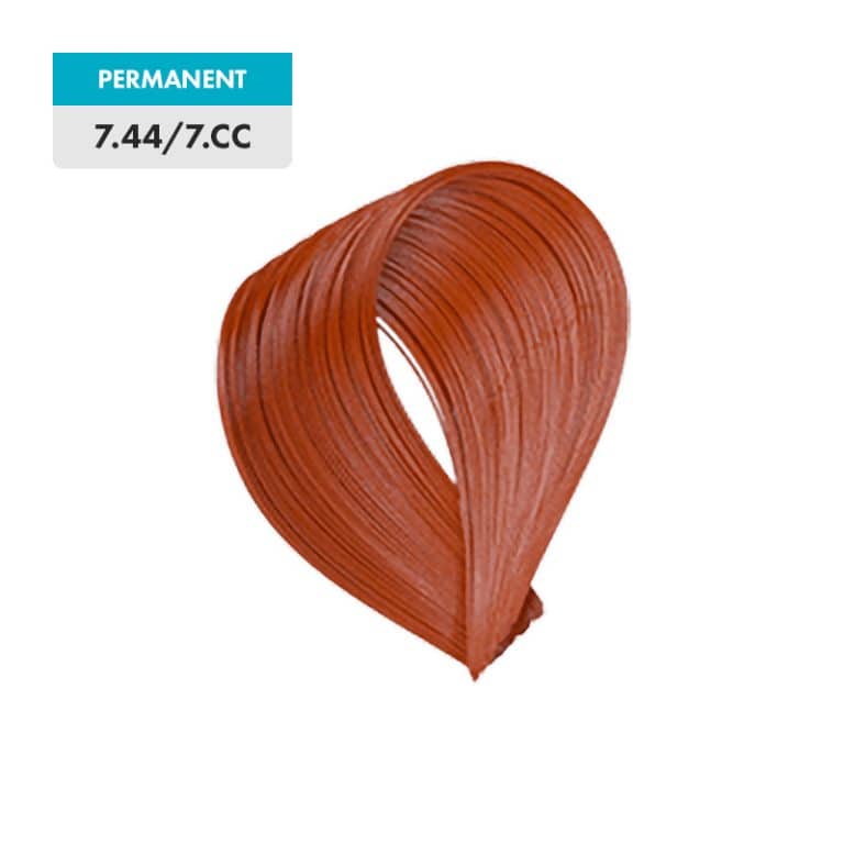 A lock of hair dyed Medium Natural Intense Copper Blonde, labeled as permanent color shade 7.44 / 7.CC.