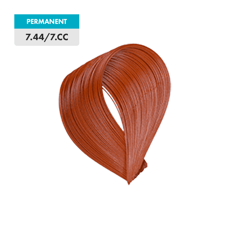 A lock of hair dyed Medium Natural Intense Copper Blonde, labeled as permanent color shade 7.44 / 7.CC.
