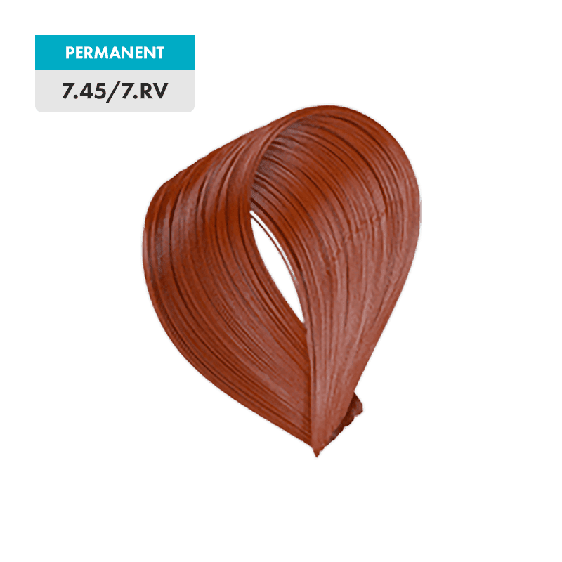 A swatch of permanent hair color in 7.45 / 7.RV - Copper Mahogany Medium Blonde, displaying a rich reddish-brown hue.
