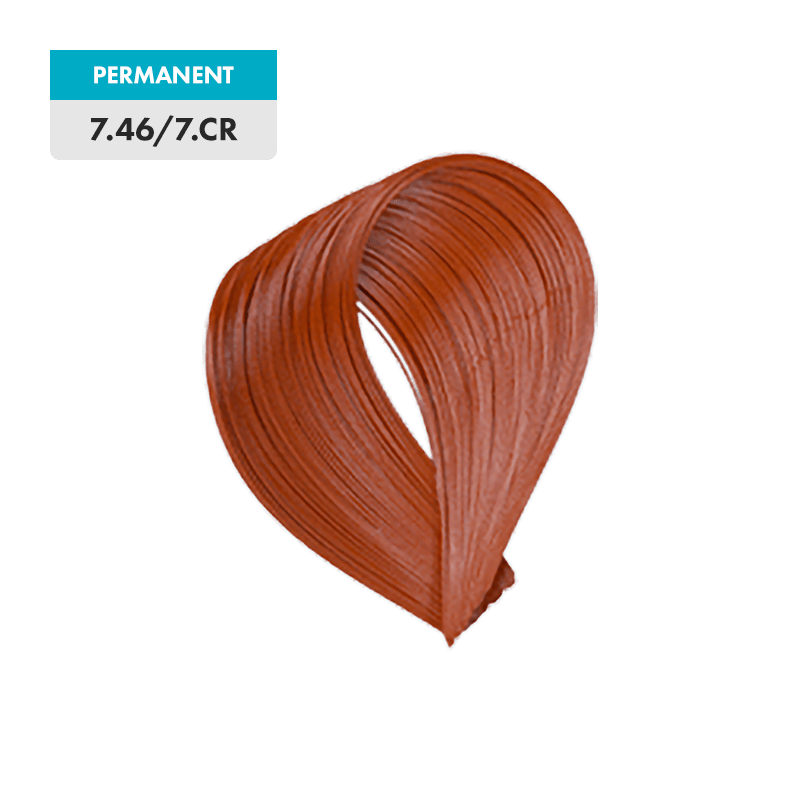 A swatch of 7.46 / 7.CR - Medium Copper Red Blonde permanent hair color in a copper-red shade.