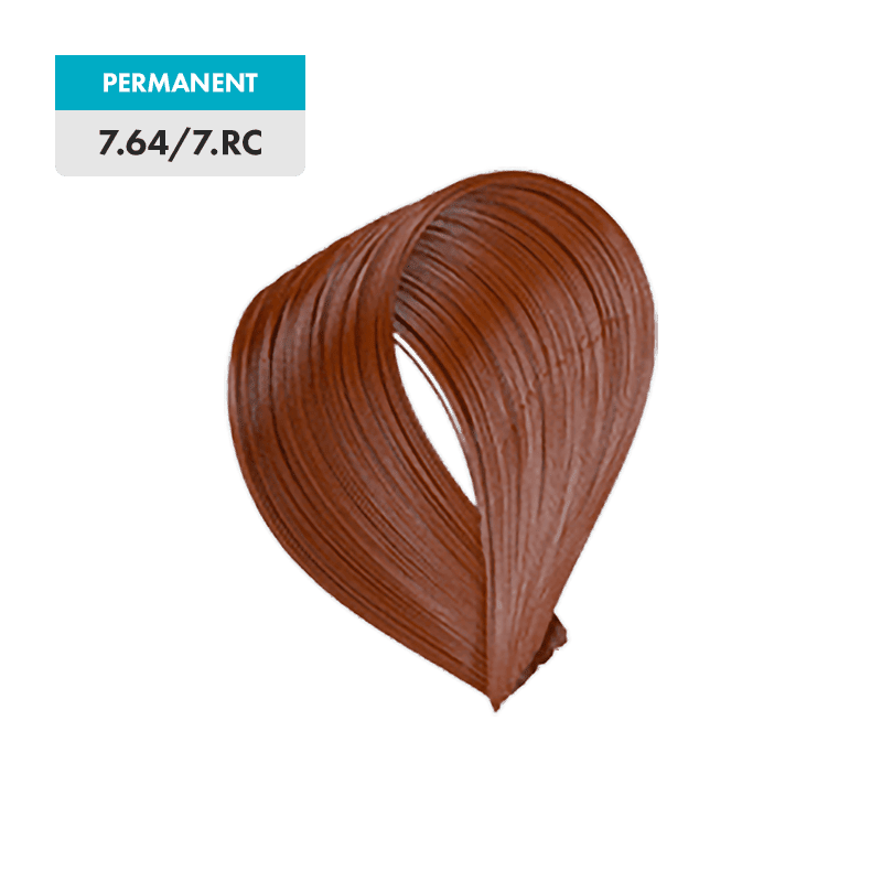 A swatch of 7.64 / 7.RC - Red Copper Medium Blonde permanent hair color, displaying a rich reddish brown tone.