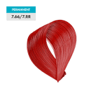 A swatch of 7.66 / 7.RR - Intense Red Medium Blonde permanent hair dye appears vibrant red against a gray-blue background.