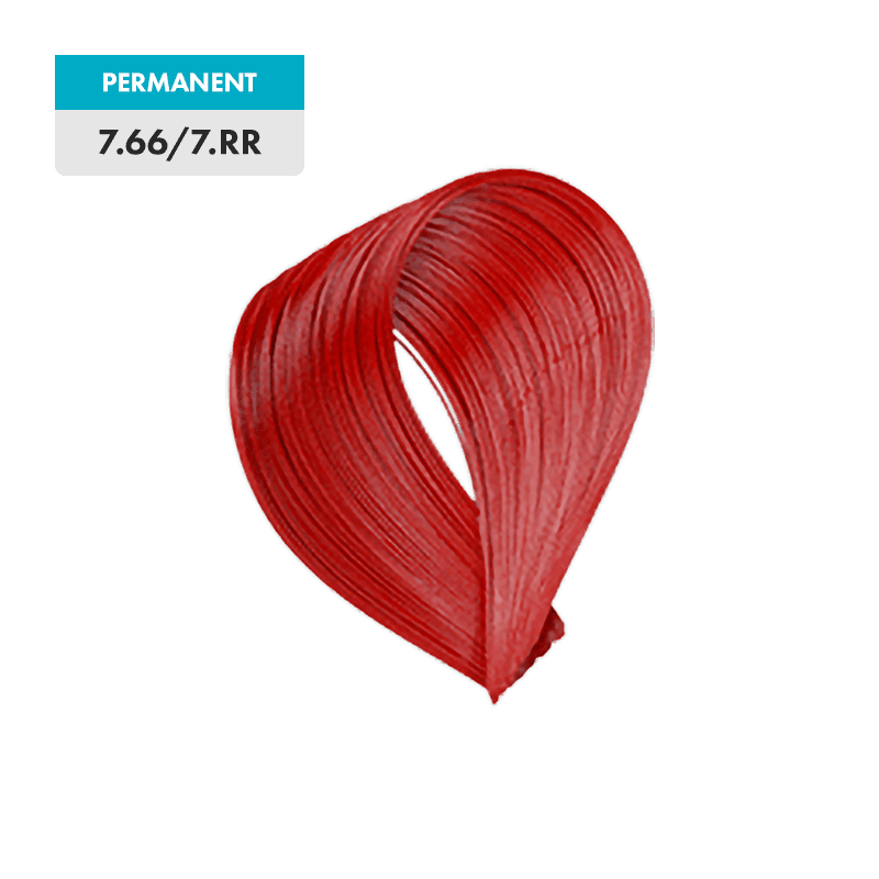A swatch of 7.66 / 7.RR - Intense Red Medium Blonde permanent hair dye appears vibrant red against a gray-blue background.