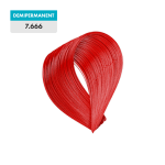 A hair color swatch in bright red labeled "7.666 - Extra Intense Red Medium Blonde (Demipermanent)" on a green background.