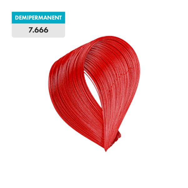 A hair color swatch in bright red labeled "7.666 - Extra Intense Red Medium Blonde (Demipermanent)" on a green background.