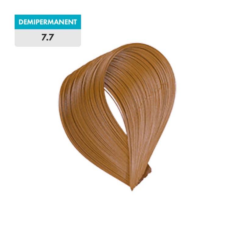 A swatch of light brown hair labeled "7.7 - Medium Tobacco Blonde (Demipermanent)" is displayed on a green background.