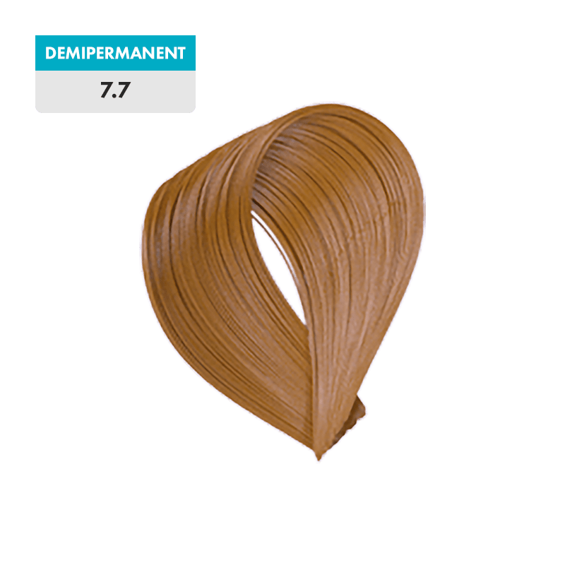 A swatch of light brown hair labeled "7.7 - Medium Tobacco Blonde (Demipermanent)" is displayed on a green background.