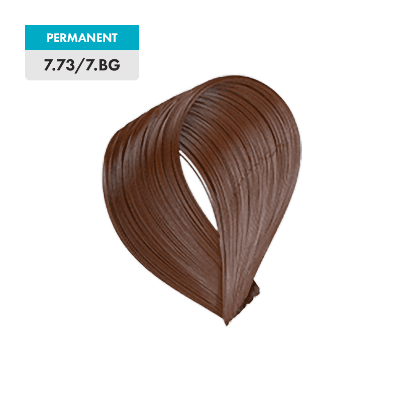 A swatch of brown hair dye labeled "Permanent" with the shade name 7.73 / 7.BG - Medium Brown Gold Blonde.