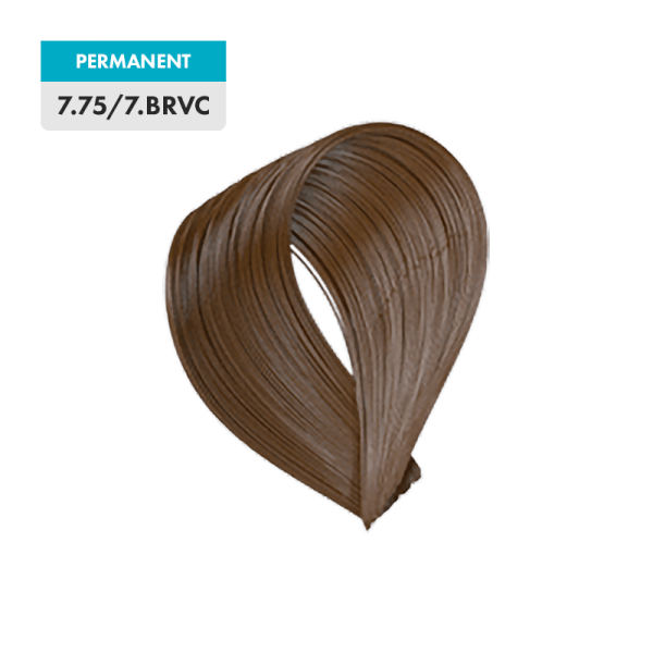 A swatch of 7.75 / 7.BRVC - Dark Natural Blonde / Brown Red Violet permanent hair color is displayed against a plain background.