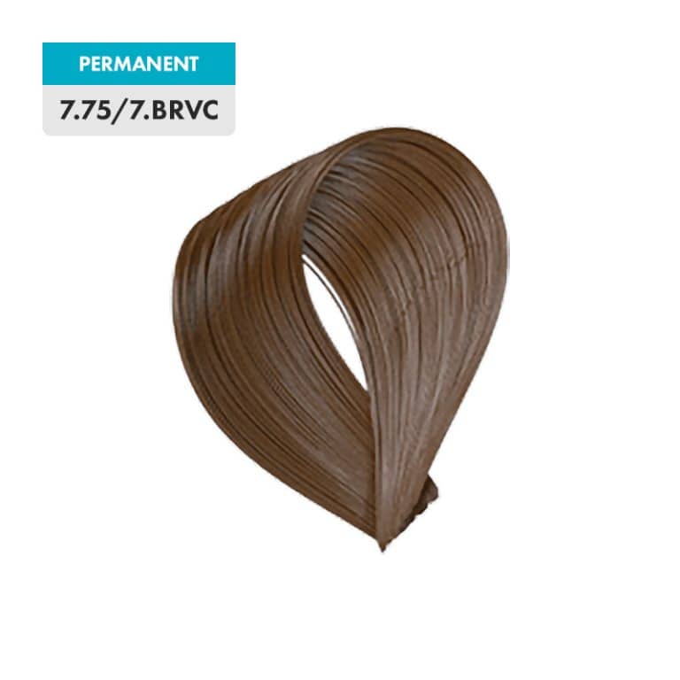 A swatch of 7.75 / 7.BRVC - Dark Natural Blonde / Brown Red Violet permanent hair color is displayed against a plain background.