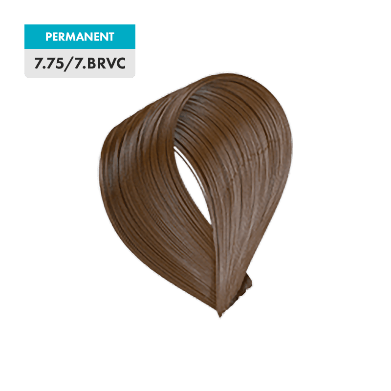 A swatch of 7.75 / 7.BRVC - Dark Natural Blonde / Brown Red Violet permanent hair color is displayed against a plain background.