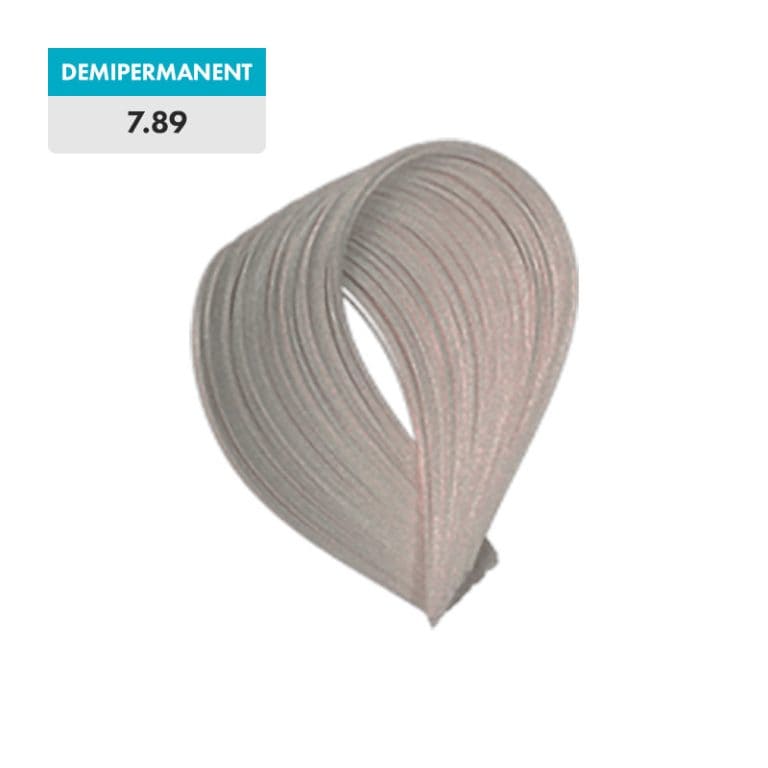 A swatch of 7.89 - Medium Artic Blonde (Demipermanent) hair color is shown against a green background.