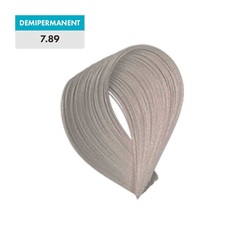 A swatch of 7.89 - Medium Artic Blonde (Demipermanent) hair color is shown against a green background.