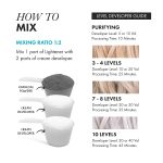Instructional graphic shows how to mix Blond Plex Charcoal Lightener Powder and cream developer at a 1:2 ratio, plus a guide for choosing developer level, expected hair lift, and recommended processing times.