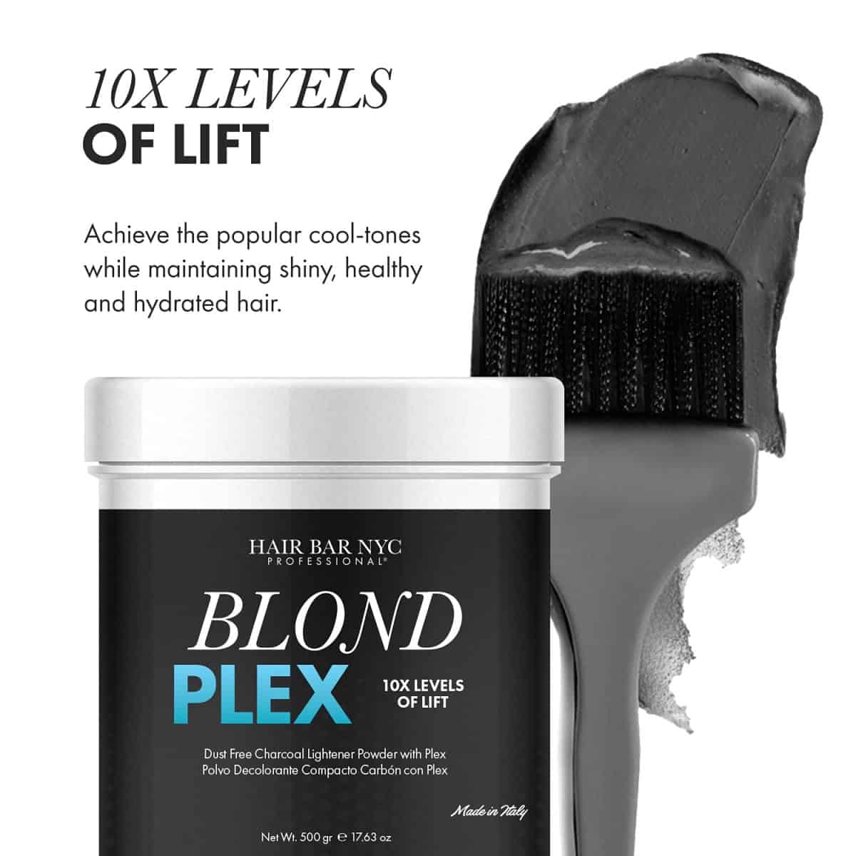 A container of Blond Plex Charcoal Lightener Powder and a brush with dark product, promoting "10x Levels of Lift" for shiny, healthy, hydrated hair.