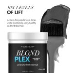 A container of Blond Plex Charcoal Lightener Powder and a brush with dark product, promoting "10x Levels of Lift" for shiny, healthy, hydrated hair.