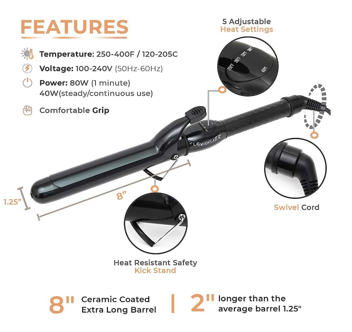 The Ultimate Pro Clip Curling Iron 1" in black features a ceramic-coated 8-inch barrel, 5 heat settings, swivel cord, kick stand, and comfortable grip—everything you need for effortless styling.