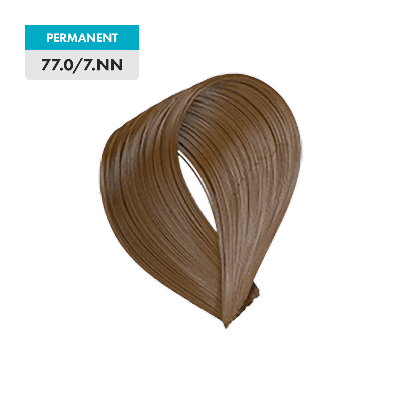 A sample lock labeled permanent, shade 77.0 / 7.NN - Medium Natural Blonde Intense.