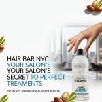 A hand reaches for a 32 oz bottle of Clarifying Shampoo, with text highlighting salon-quality hair treatments. Argan nuts are placed next to the bottle.