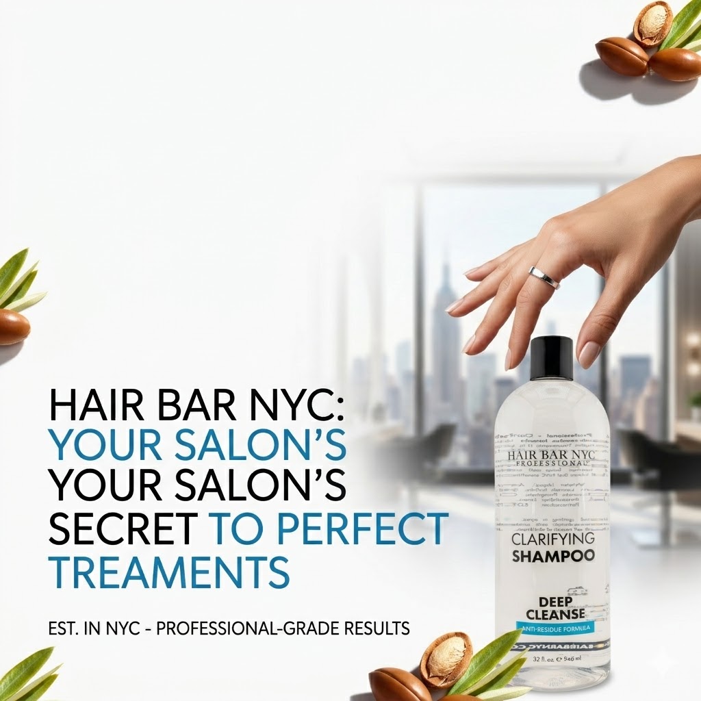 A hand reaches for a 32 oz bottle of Clarifying Shampoo, with text highlighting salon-quality hair treatments. Argan nuts are placed next to the bottle.