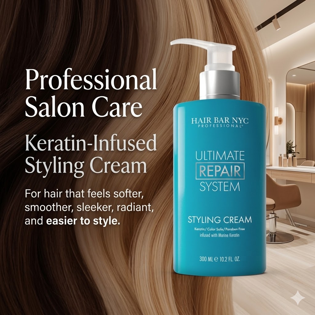 A blue bottle of Ultimate Repair System Styling Cream, a nourishing curl cream, is displayed in a modern salon with long, brown hair in the background.
