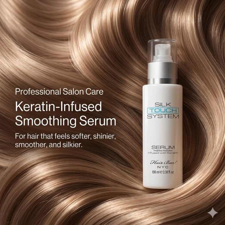 A bottle of Silk Touch System Serum rests on glossy, wavy light brown hair, with the product name displayed beside it.