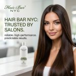 A woman with long, straight hair sits beside a bottle of Blowout Express Keratin. Text reads: "HAIR BAR NYC: TRUSTED BY SALONS. reliable. high-performance. predictable results.