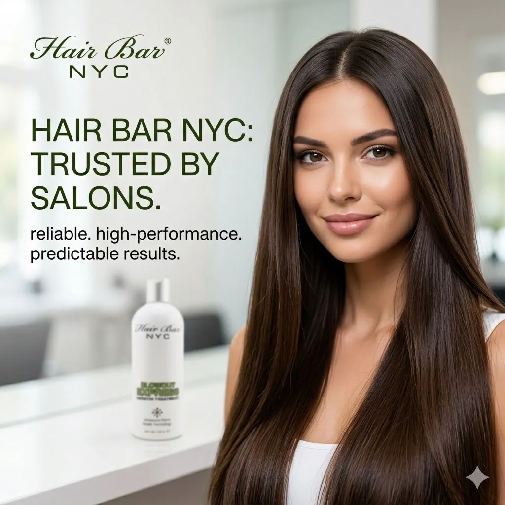 A woman with long, straight hair sits beside a bottle of Blowout Express Keratin. Text reads: "HAIR BAR NYC: TRUSTED BY SALONS. reliable. high-performance. predictable results.