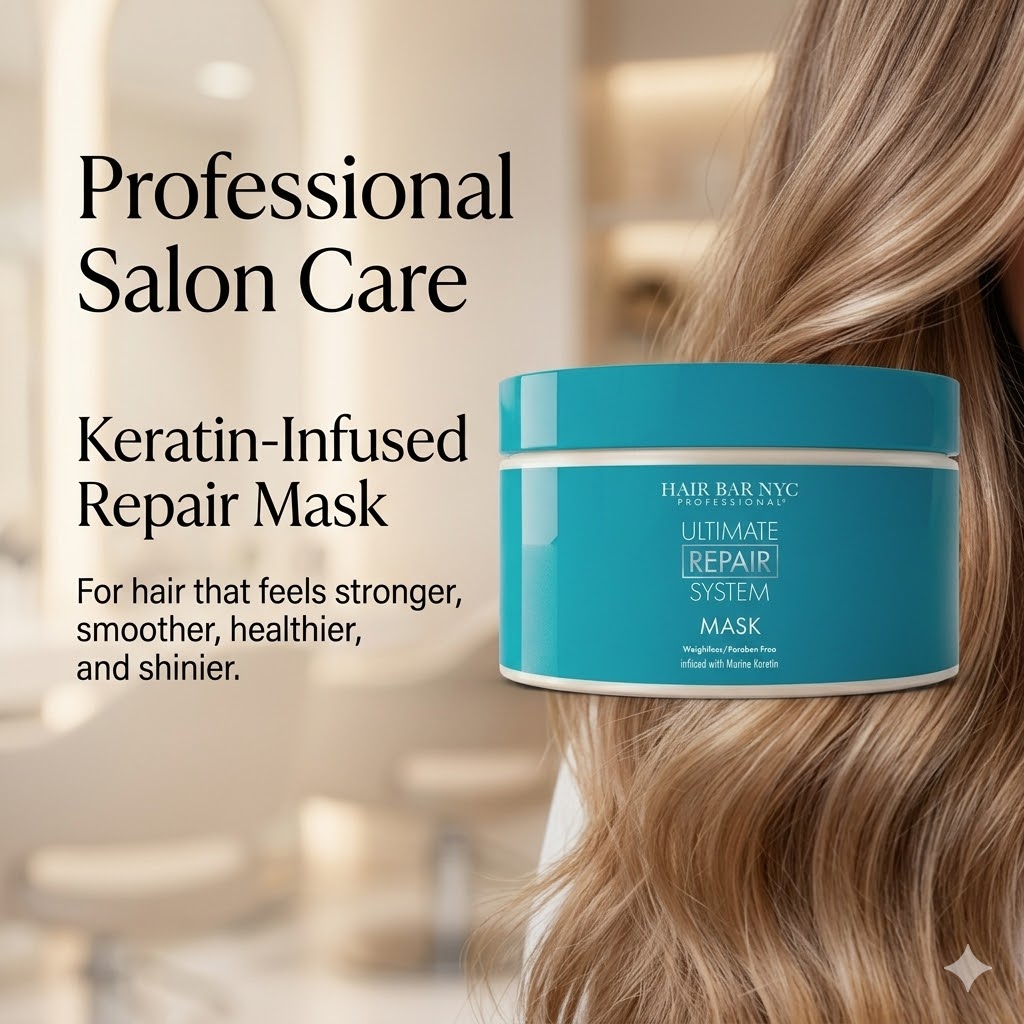 A teal jar of Ultimate Repair System Mask sits beside long, smooth hair in a salon setting, with text highlighting professional salon care.