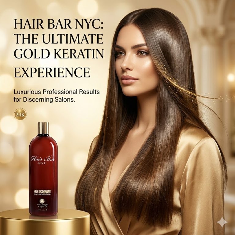 A woman with long, shiny brown hair stands beside a bottle labeled "24 Karat Keratin," promoting the luxurious treatment for sleek, radiant locks.