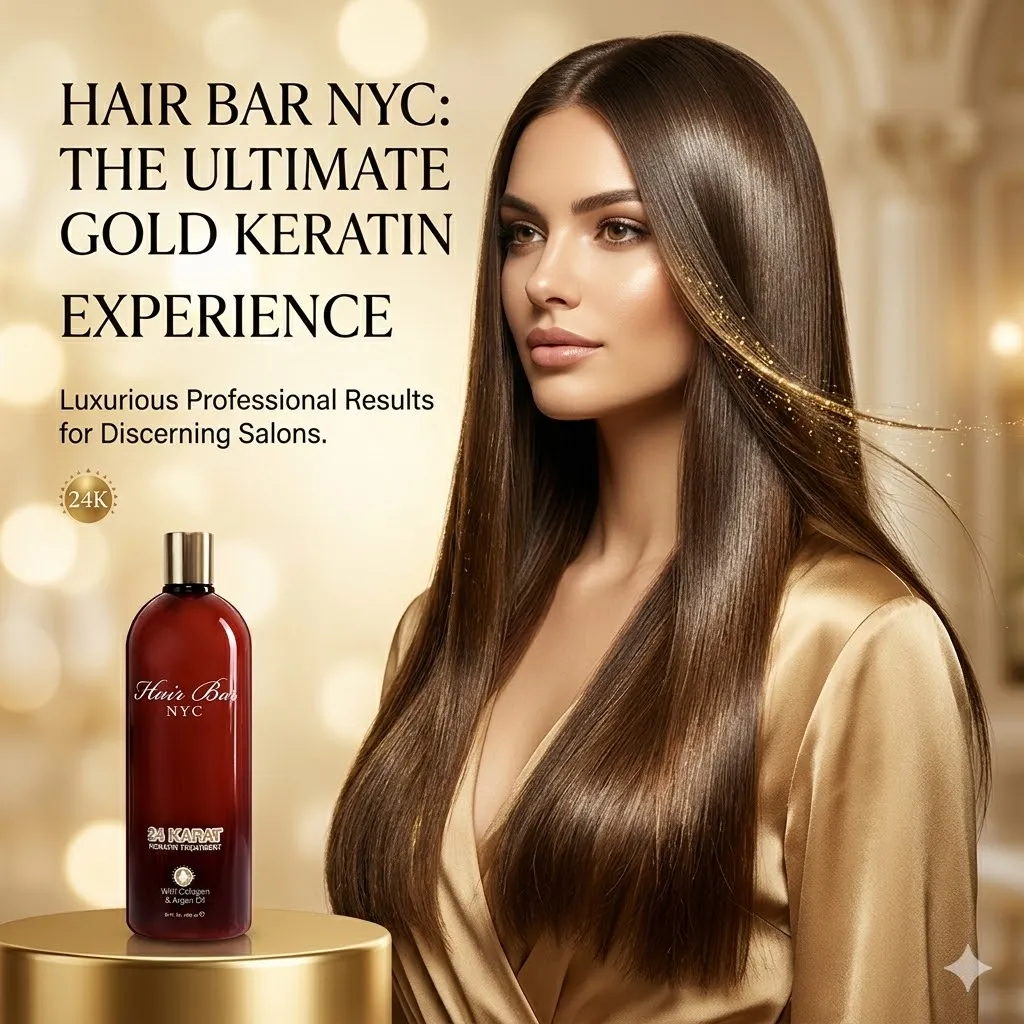 A woman with long, shiny brown hair stands beside a bottle labeled "24 Karat Keratin," promoting the luxurious treatment for sleek, radiant locks.