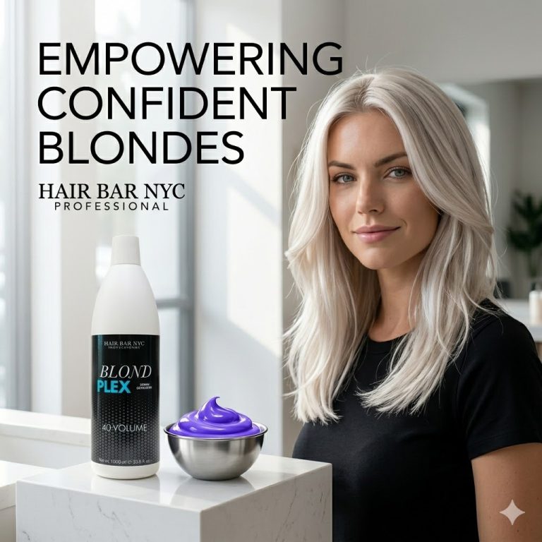 A woman with long, platinum blonde hair stands beside a bottle of Blond Plex Violet Developer 40 Volume and a bowl of purple treatment. Text reads "EMPOWERING CONFIDENT BLONDES HAIR BAR NYC PROFESSIONAL.