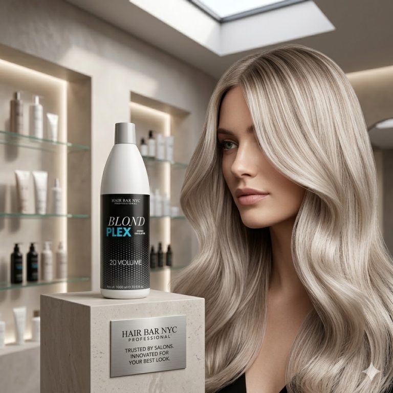 A woman with long, wavy blonde hair stands beside a bottle of Blond Plex Violet Developer 20 Volume in a modern salon lined with shelves of haircare products.
