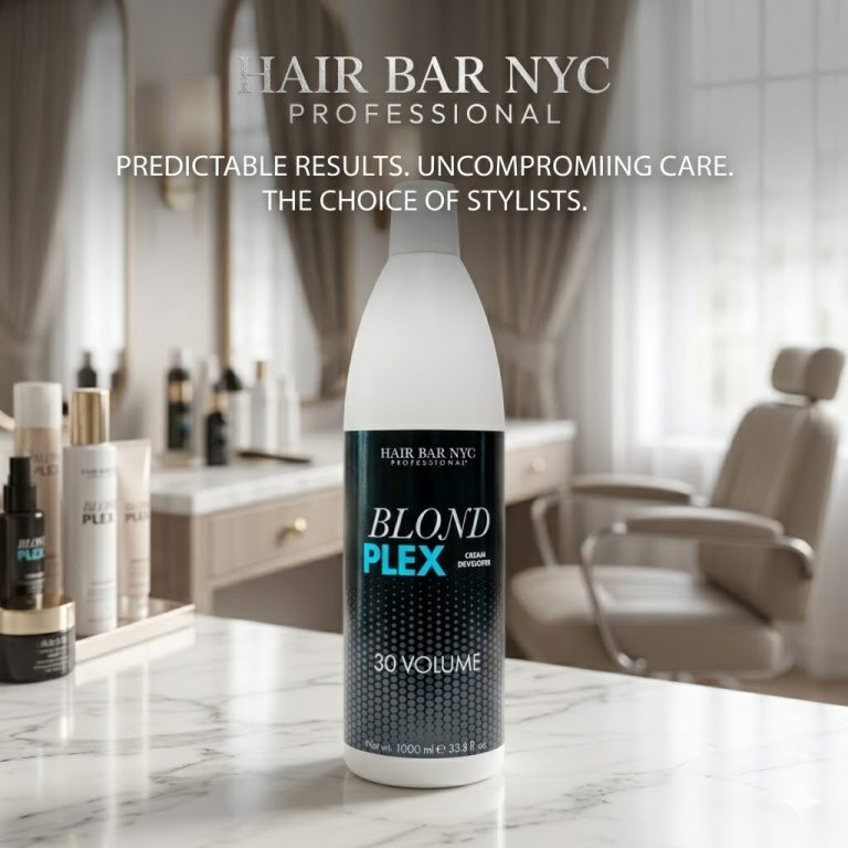 A bottle of Blond Plex Violet Developer 30 Volume rests on a marble counter in a modern, well-lit hair salon.
