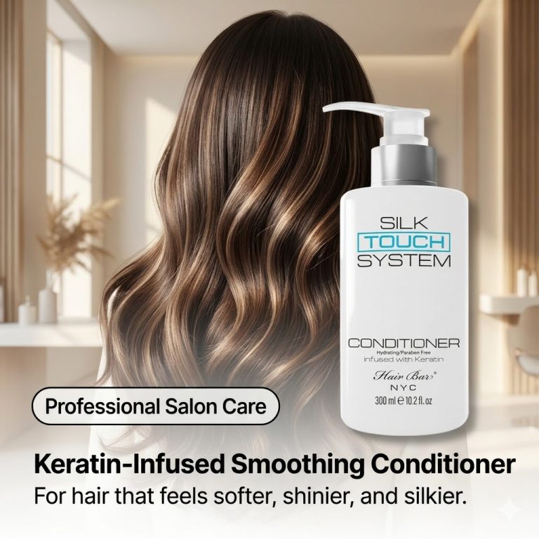 A bottle of Silk Touch System Conditioner is displayed in a bright, modern room beside someone with long, wavy, shiny hair, emphasizing its keratin-infused smoothing care.