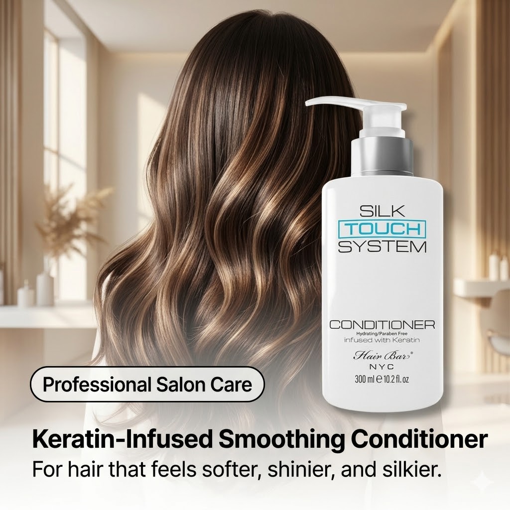 A bottle of Silk Touch System Conditioner is displayed in a bright, modern room beside someone with long, wavy, shiny hair, emphasizing its keratin-infused smoothing care.
